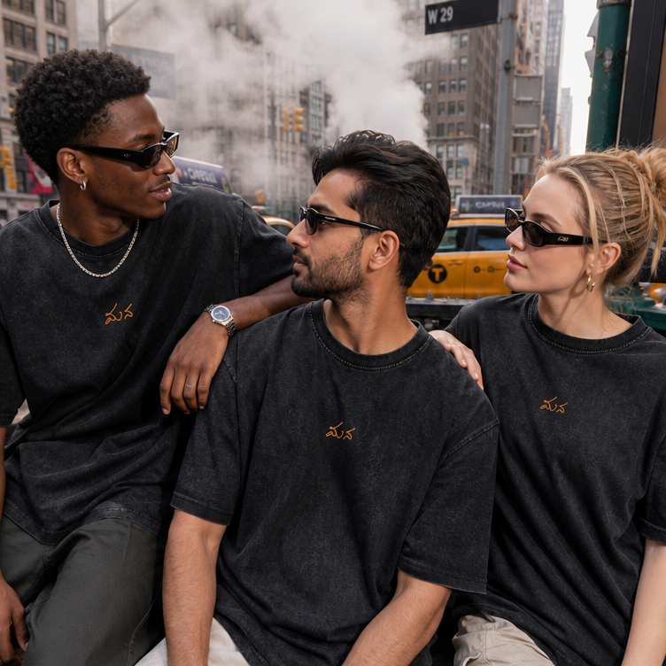 Three friends in New York City wearing Rendu Lokalu black oversized tees with the Mana chest logo